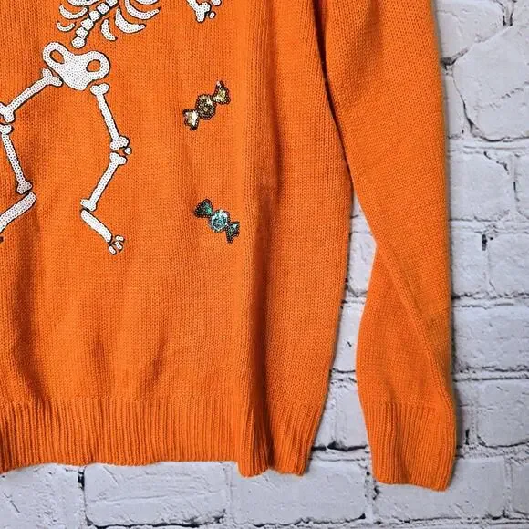 Halloween Poof Skeleton Witch Sequin Long Sleeve Crew Neck Knit Sweater Small - Picture 5 of 10